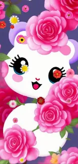 Adorable cartoon bear with pink roses and vibrant floral background.