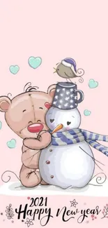 Cute bear hugging snowman with Happy New Year text.