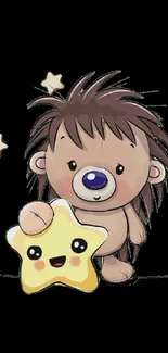 Cute cartoon bear holding a smiling star with a black background.