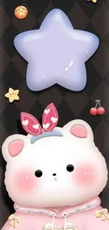 Mobile wallpaper with a cute bear and a purple star on a dark background.