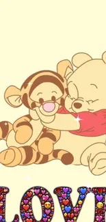 Cute bear and tiger hugging with LOVE text, heart pattern.