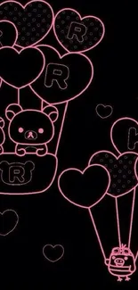 Cute bear and heart balloon wallpaper in neon pink on black background.