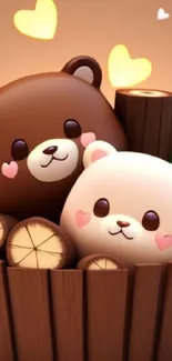 Cute 3D bears in a wooden basket with hearts.