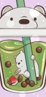 Cute bear inside bubble tea cup with pastel purple background.