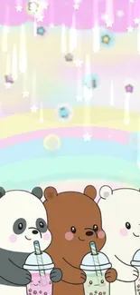 Charming cartoon bears sipping bubble tea with pastel rainbow and stars.