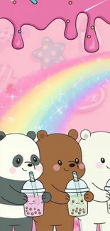 Cartoon bears with bubble tea and rainbow on a pink background.