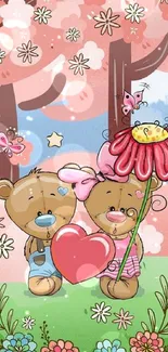 Cute cartoon bears with a pink floral background and hearts.