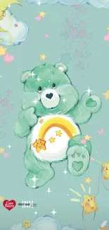 Cute green bear with rainbow belly on a cloud background.