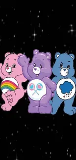 Three cute cartoon bears on a starry background.