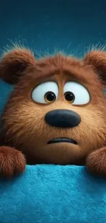 Adorable cartoon bear peeking over a blue wall.