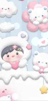 Cute bear character wallpaper with pastel colors and clouds.