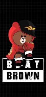 Cute bear character in red hoodie and cap on black background.