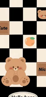 Cute bear checkerboard wallpaper with playful motifs.