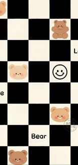 Cute checkerboard wallpaper with teddy bears and text.