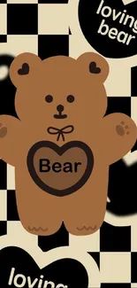 Cute brown bear on checkerboard background with hearts.