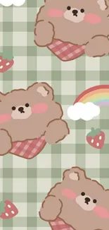 Cute bear wallpaper with checkered background and strawberries.