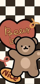 Cute brown bear with heart and checkered background.