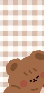 Cute bear with checkered background, brown tones.