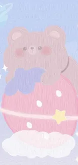 Cute teddy bear on pink planet with stars and pastel hues.