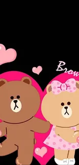 Cartoon bear couple with hearts on a black background, perfect for mobile wallpaper.