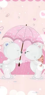 Adorable cartoon bear couple under a pink umbrella.