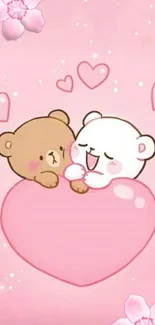 Cute bears on pink heart background with flowers.