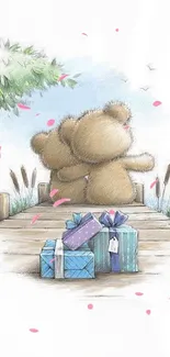 Two fluffy bears hugging on a pier with gift boxes under a tree.