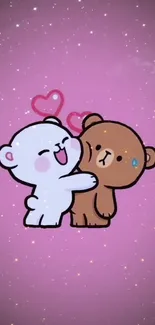 Cute cartoon bears with a pink cosmic background and heart symbols.