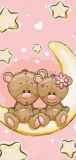 Cute bear couple on moon amidst stars on pink wallpaper.