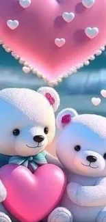 Two adorable teddy bears hold pink hearts in a charming, romantic setting.