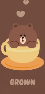 Cute bear in coffee cup with brown background mobile wallpaper