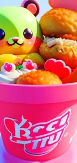 Cute bear sitting in a pink dessert cup with colorful treats and vibrant colors.