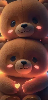 Stacked teddy bears with glowing hearts.