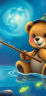 Cute bear fishing under a magical moonlit sky.
