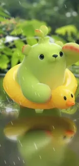 Cute green bear on yellow duck float in nature.