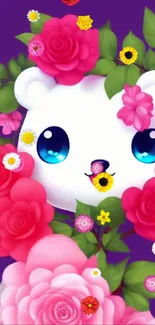 Adorable white bear with floral background wallpaper.