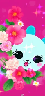 Adorable blue bear with pink flowers on a vibrant magenta background.