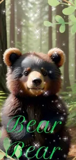 Cute bear in a sparkling forest background