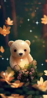 Cute bear in forest with sparkling flowers, ideal mobile wallpaper.