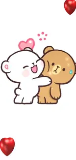 Cartoon bears hugging with love hearts on white background.