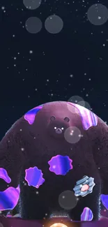 Cute bear in galaxy with starry night and purple hues.