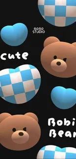 Cute wallpaper with brown bears and blue hearts on a black background.