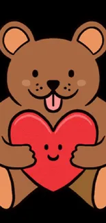 Brown bear holding red heart on black background wallpaper.