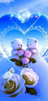 Cute teddy bears in heart with roses and butterflies on a blue background.