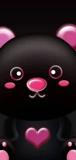 Black cartoon bear with pink heart and accents on dark background.