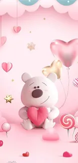 Cute bear holding heart with balloons and clouds.