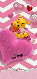 Cute bear hugging pink heart wallpaper.