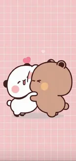 Cute cartoon bears hugging on a pink grid background.