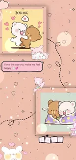 Cute cartoon bears hugging on a soft pink background with hearts and love notes.