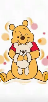 Cute bear hugging a smaller bear with colorful background.
